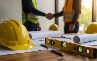 2 people on construction site in background, with site plans in foreground, example of when you might need labour hire insurance