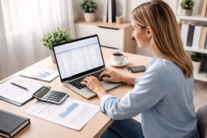 Bookkeeper working from home managing financial records, showing why do bookkeepers need insurance