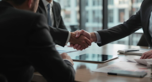Business men handshaking over board table
