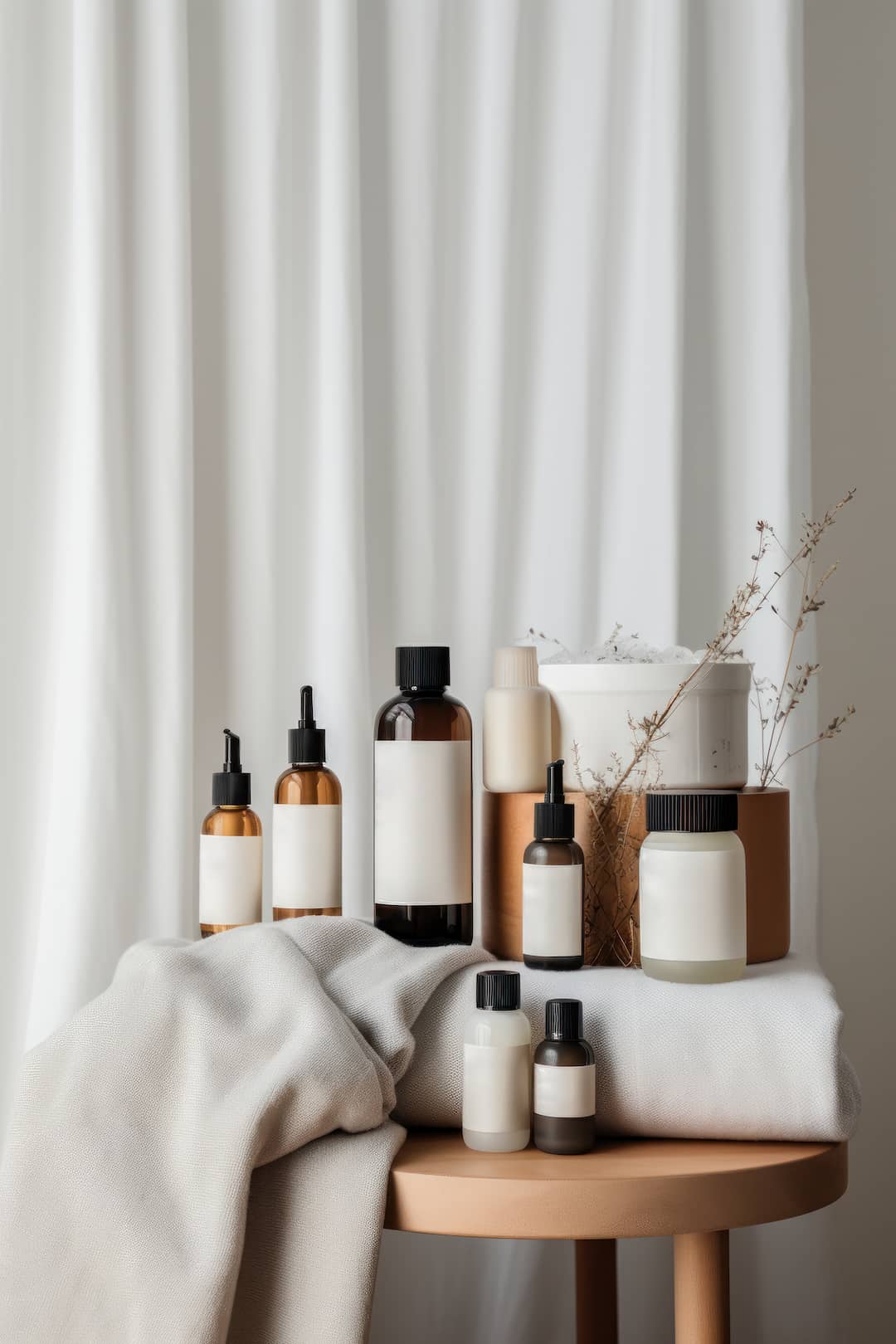 why-you-need-skin-care-product-insurance skin care products arrange for photo shoot in front of cream curtain